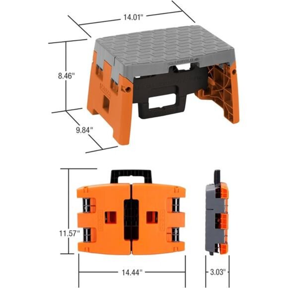 1 Step Molded Folding Step Stool, Type 1A, Black, Orange, and Gray - Picture 6 of 8